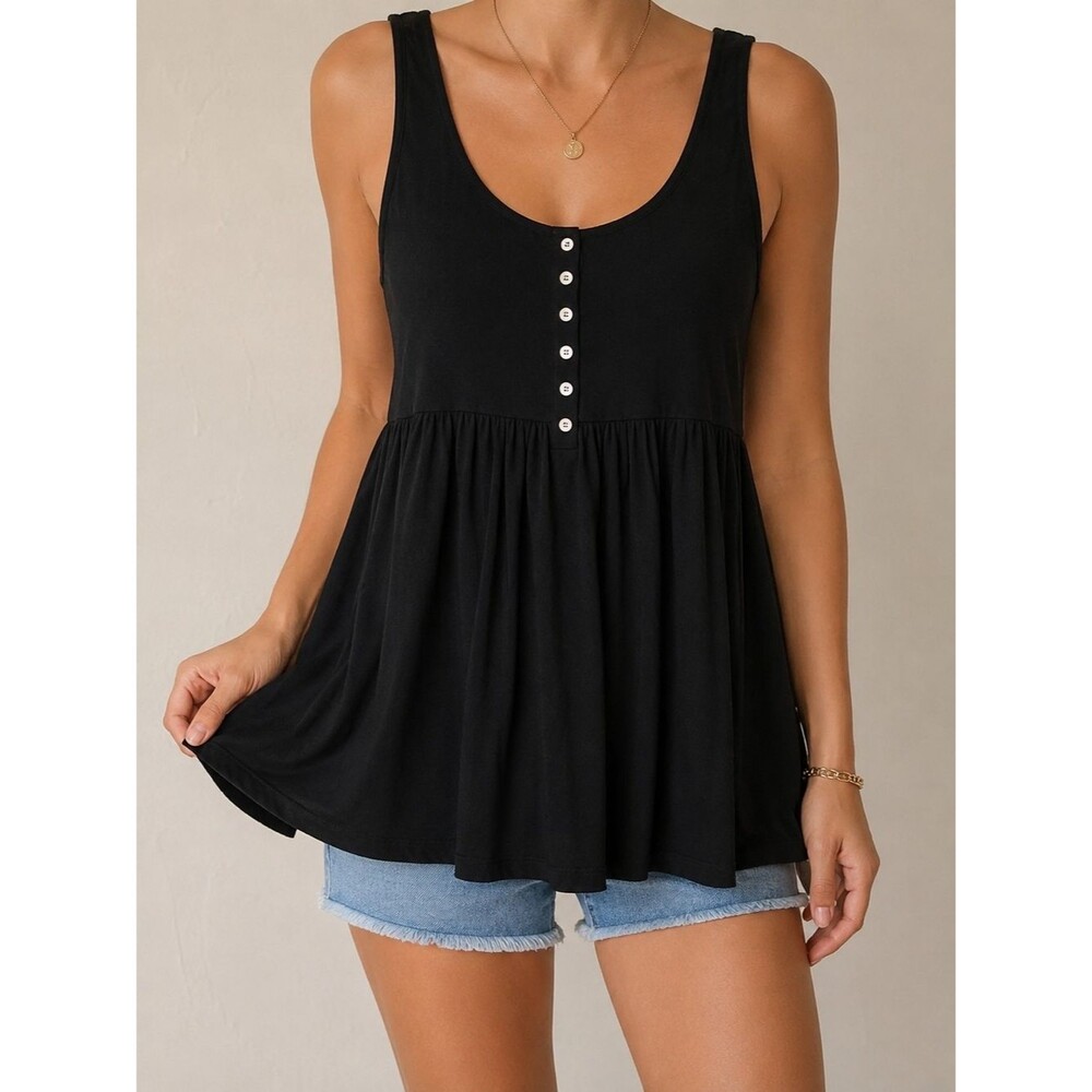 Forever 21 Black Sleeveless Babydoll Tunic Tank Top Size Small Rayon Button Fron